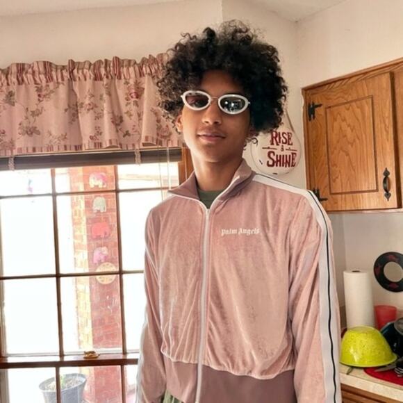 Palm Angels Chenille Cropped Zip Up Hoodie Rose - Picture 7 of 9